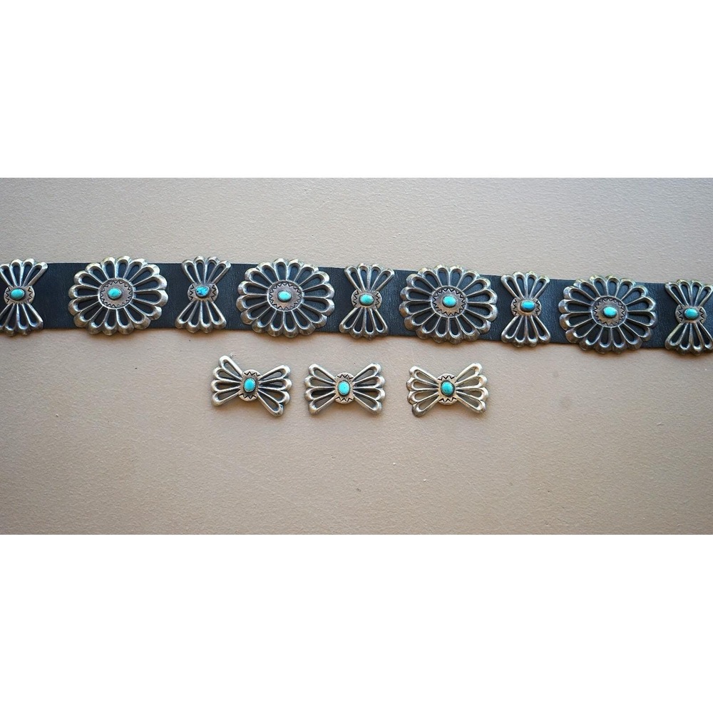 Vintage‎ Louise Morgan Navajo Sterling Silver Sand Cast Turquoise Concho Belt